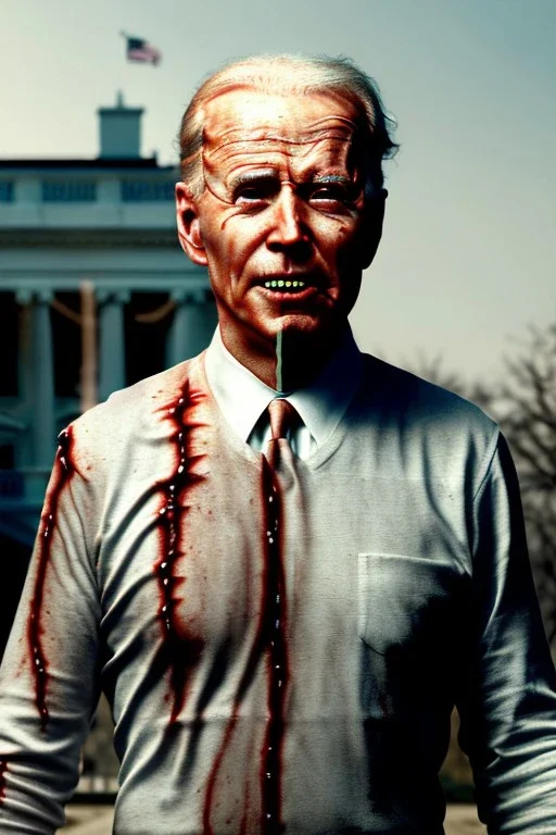 Ultra realistic image, joe biden zombie, zombie performance, soft skull, grey eyes, blood, torn arm, night, walking twisted, waist up view, thriller style, dark ambient, highly detailed, White House background, concept art, unreal engine 5, god rays, ray tracing, RTX, lumen lighting, ultra detail, volumetric lighting, 3d, finely drawn, high definition, high resolution.