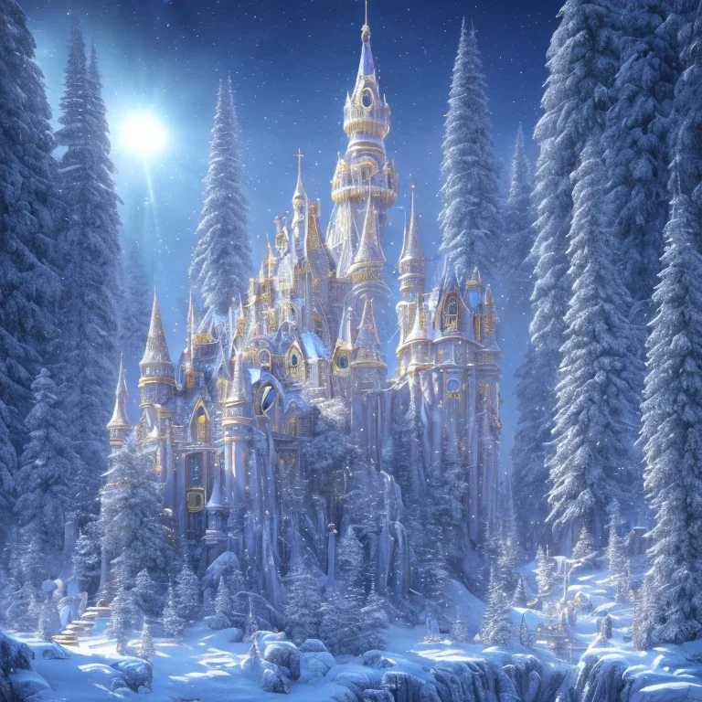  white and gold crystal castle，waterfall, winter snow flakessnow, northern Lights, full of details, smooth, bright sunshine，soft light atmosphere, light effect，vaporwave colorful, concept art, smooth, extremely sharp detail, finely tuned detail, ultra high definition, 8 k, unreal engine 5, ultra sharp focus