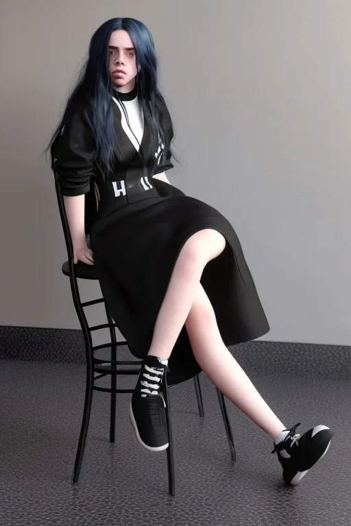 Billie Eilish, sitting on a chair, Black Short Dress, high detail, realistic