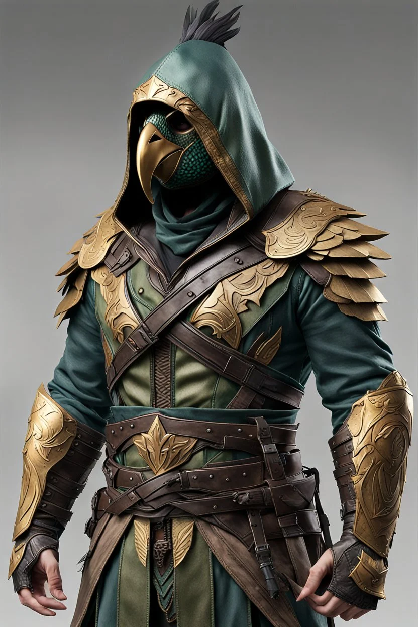 video game character costume inspired by a Kea parrot and Assassin's Creed aesthetic. bird-themed mask protects face. The metallic elements should be in bronzed gold tones. The design should introduce tinted tinted green and blue transitional colors from the bronzed gold to olive color scheme. The hood should have a matte black beak-like tip, exaggerated in shape. character wielding matte black karambit. overall finish should be foresty, wintery, and weathered.