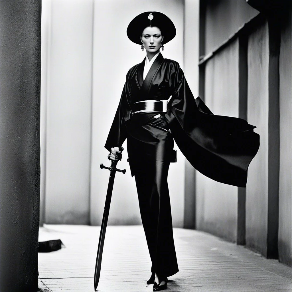 [photo by helmut newton] The guardian stands tall, Kimono turned combat gear, Beauty wields power. A weapon in each hand: Skillful hands at work,Firearm and blade in balance, Enforcer's resolve. Her strength emanates, Ancient grace meets modern might, she attacks
