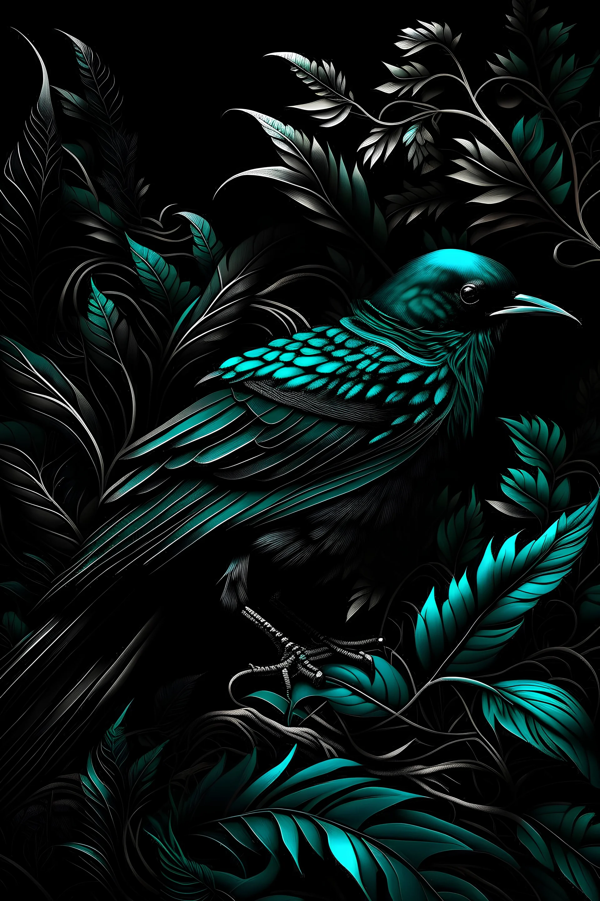 black.bird.graphics.op-art.guilling.Dark botanical.digital art