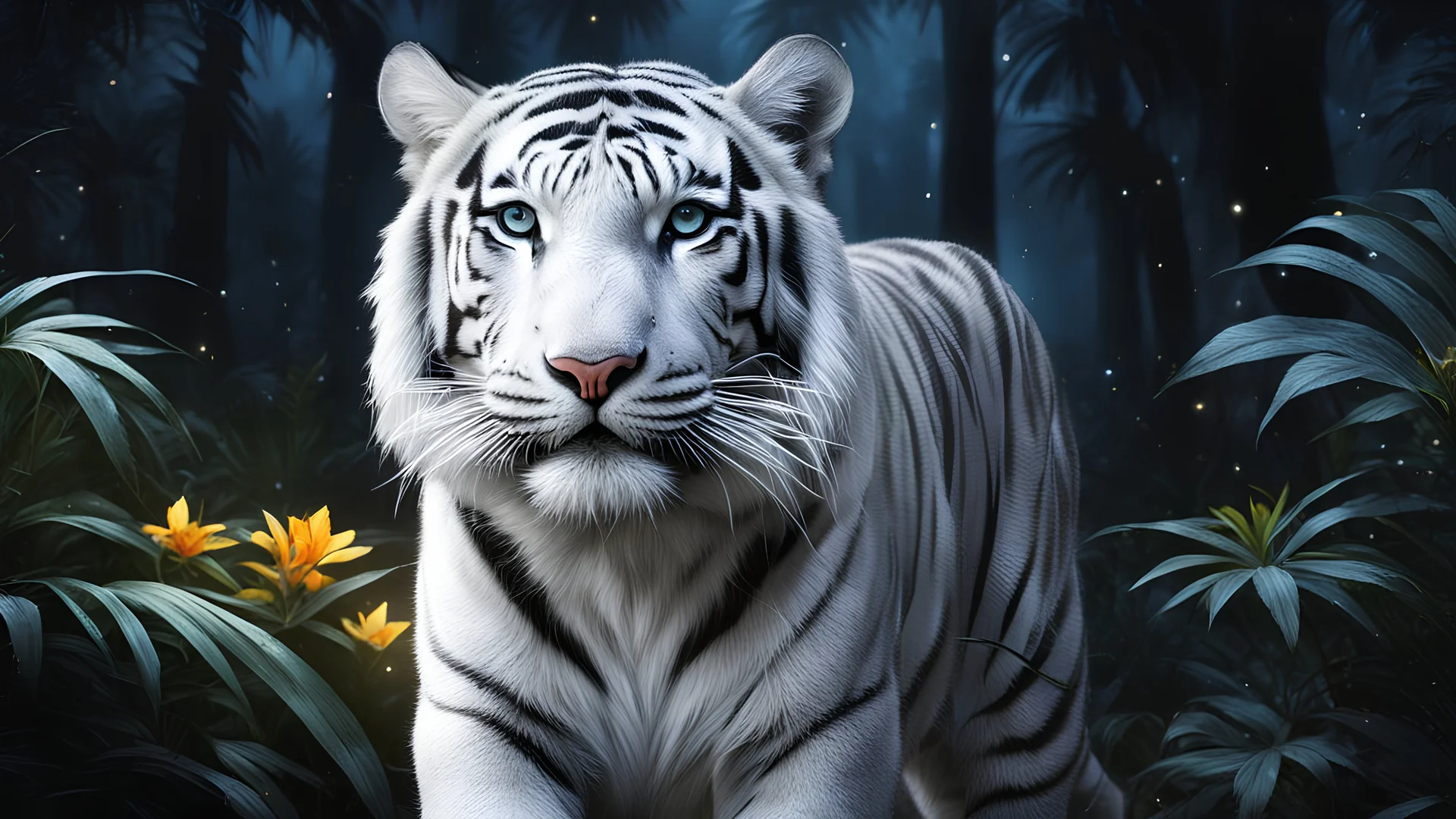 (((nighttime))), (((dark tones))), (((black filter))), (dark outside), full shot, high detail, 8k, photorealistic, majestic white tiger with beautiful canna indica flower illuminated by the moonlight, midnight forest, blurry background, sparkles, glowy aura, rule of thirds depth of field intricate details, golden ratio, concept art, black, blue, red, vivid colors, futuristic design, attention to detail, grandeur and awe, stunning visual masterpiece, fantastical realm, hard light