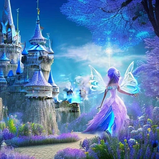 un grand château subtil en cristal violet bleu dans une ambiance galactique avec une belle fée, pétales transparents, couleurs délicates, bin le premier plan, plein de détails, ambiance lumineuse douce et douce, effet de lumière, vaporwave coloré, art conceptuel, lisse, extrêmement net, photo complète du corps, chef-d'œuvre, meilleure qualité, peau bleue, yeux étincelants, peau fluorescente, yeux bleus, maquillage étincelant, longs cheveux blonds, style féerique, corps très détai