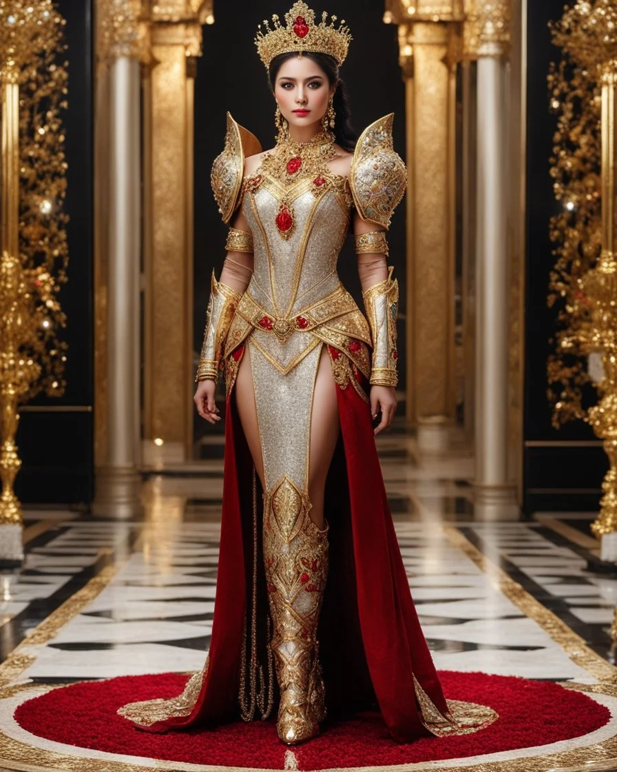 Photography full body The beautiful queen stands in a luxurious palace, wearing luxury clothes, luxurious armor designs, made of gold metal plate, metal craft with luminous diamond glitter, on the outer surface of the luxury jewelry decoration very small diamond stones, heart shape red diamond stones, colored decorations Black leaves and small rose flower decorations are combined, emitting light, golden background