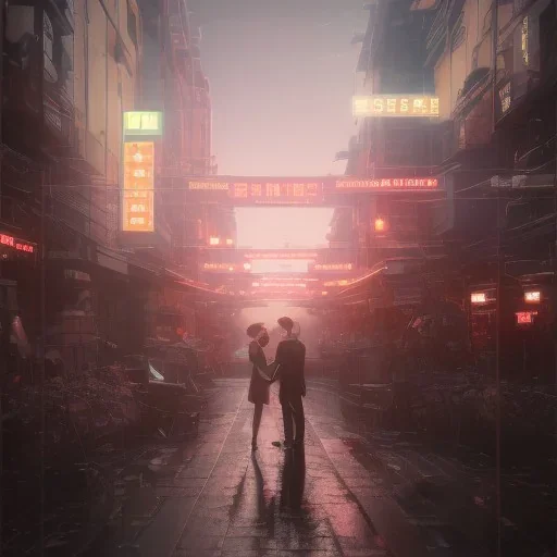 A professional night shot of a romantic far future city, seoul, couple holding hands, trending on Artstation, sharp soft focus, highly detailed, crowded, red balloons falling, couple facing away, girl with black hair, don´t see their faces