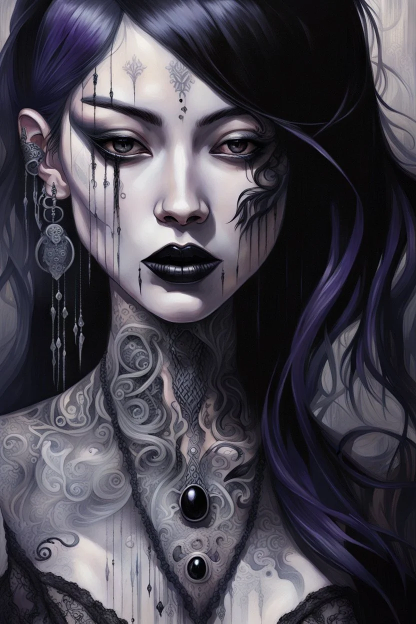 painting of a woman with dark purple-black long hair and black tattoos on her body, a cold, indifferent expression, silver and black onyx jewelry, black lace dress, cybernetics, crepy stunning anthropomorphic female, Minjae Lee vibe, cbybernetic and etheral human, ancient deity, by Vincent Lefevre and Yoshitaka Amano