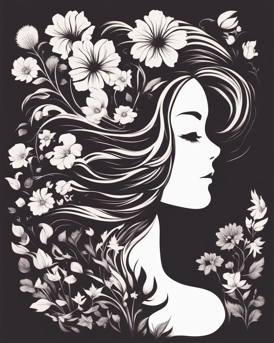 womans hair in the flowers silhouette