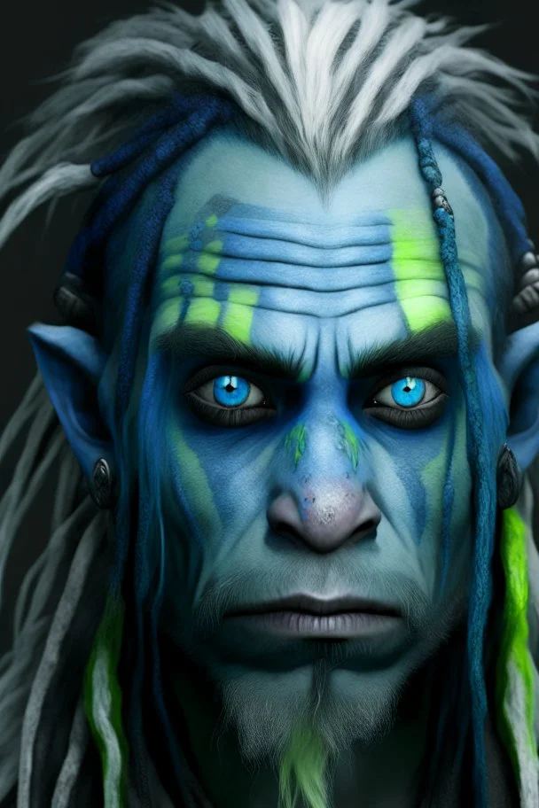 A tieffelin with blue skin and white Dreadlock hair. His pupil-less eyes are green. He wears a small beard.