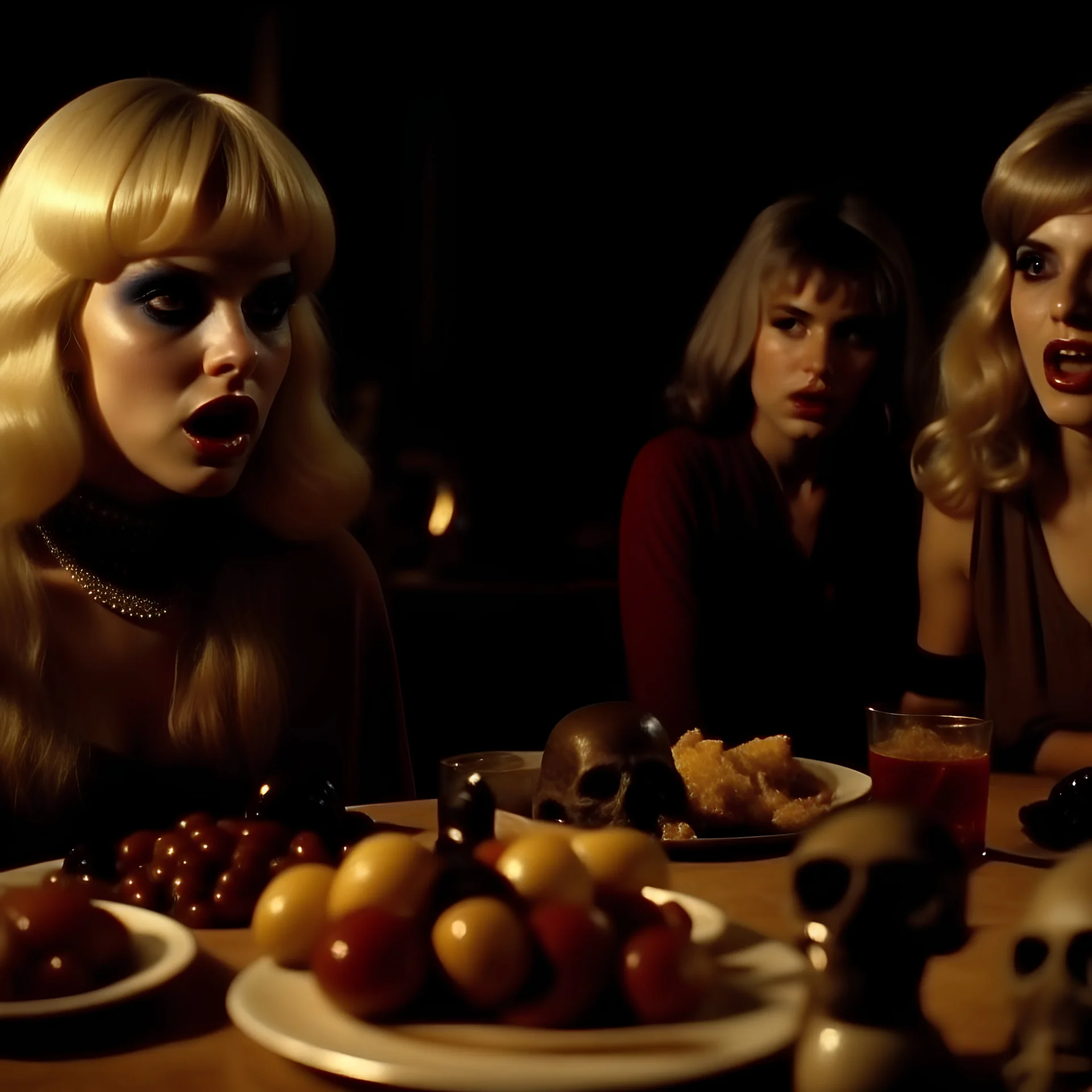 Horror movie shot, spooky, hot party, die, ultra realistic, dine, pastel, ultra chaos, realistic hot blonde women, pieces of meat, Caravaggio, monster, horn, satan, pieces of organs, hot, 1970's Italian horror movie, sinister, Dario Argento, Stanley Kubrik, ornate, 4k, photorealism