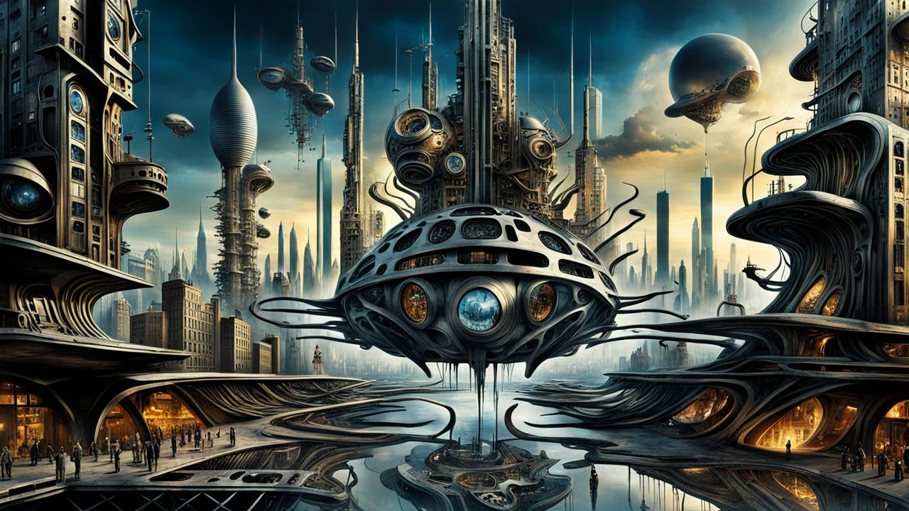 a stunningly weird image of a futuristic metropolis using Salvador Dali's paranoiac-critical method, where buildings and structures appear to melt into the skyline cityscape is filled with floating mad, twisted sharp metal shapes that interact with the buildings and each other, forming a surreal tableau of a dreamlike reality. neu-steampunk vibe, essence of the scene in a cinematic manner, with dramatic shadows that enhance the distorted perspectives and bizarre
