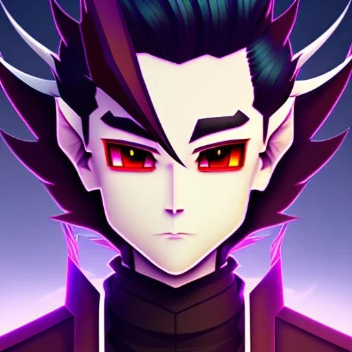 anime discord profile picture of man with short black hair with red streaks, with purple dragon horns on top of his head, looking mischievous