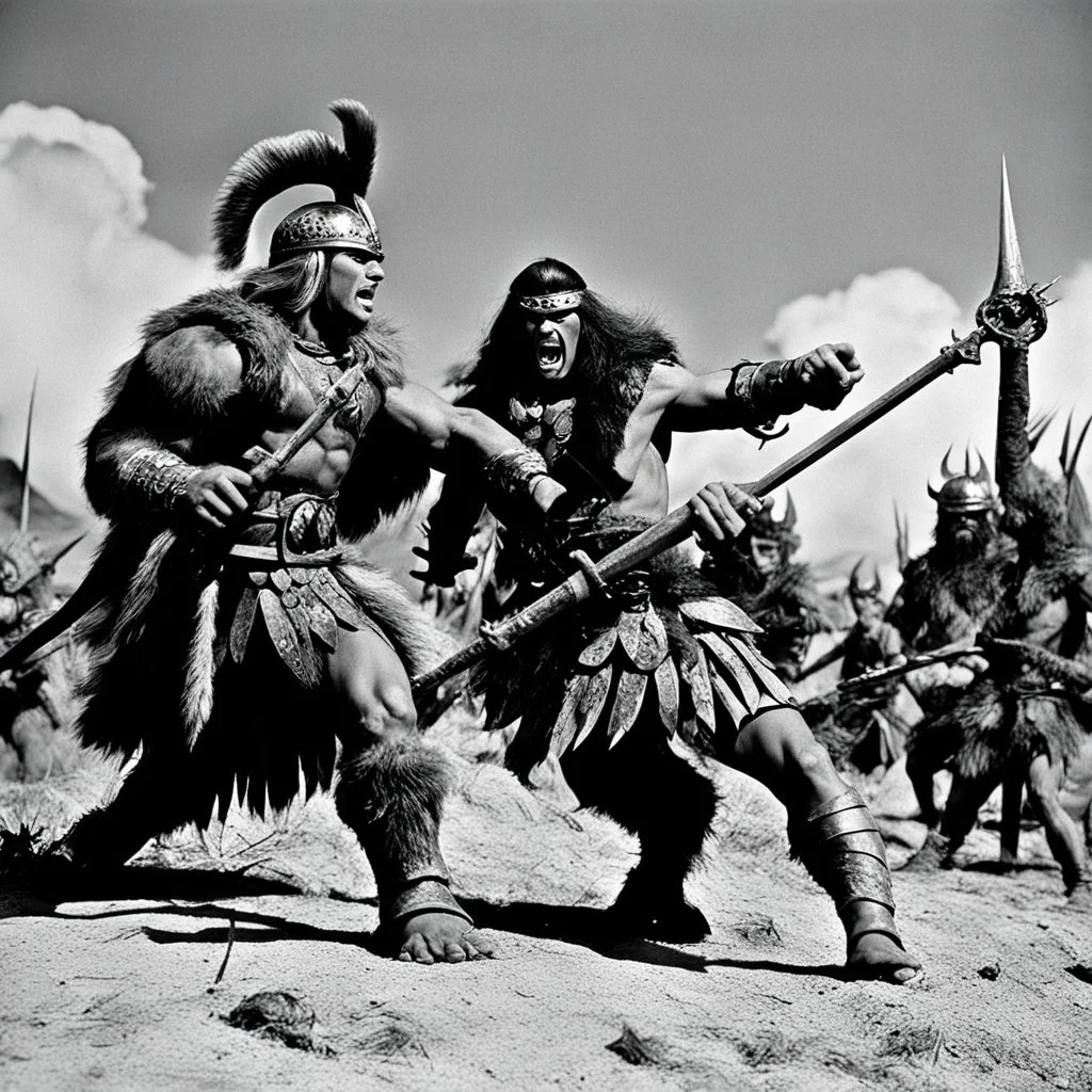 [1960’s colour stop-motion animation style on the battlefield ] a 70s advertisement video TV featuring a fight begins with great intensity.The barbarian warrior uses her weapons hitting the monster severely ripping pieces of her grotesque and monstrous foe. but the monster is very strong and does not let himself be killed.he attacks with deadly fury the barbara warrior and manages to grab her embracing her with his distorted and very strong arms, full of rigid muscles.he hugs her very tightly