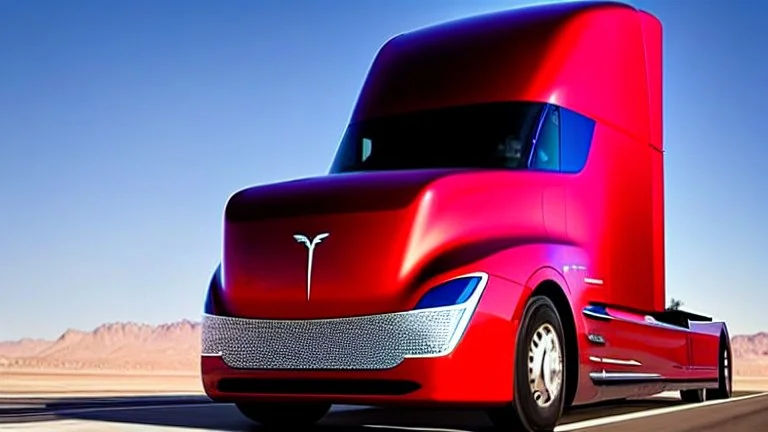 A Tesla semi-truck is racing at top speed, by the 'Lake Mead', in Nevada. CINEMATIC. WIDE ANGLE LENS.