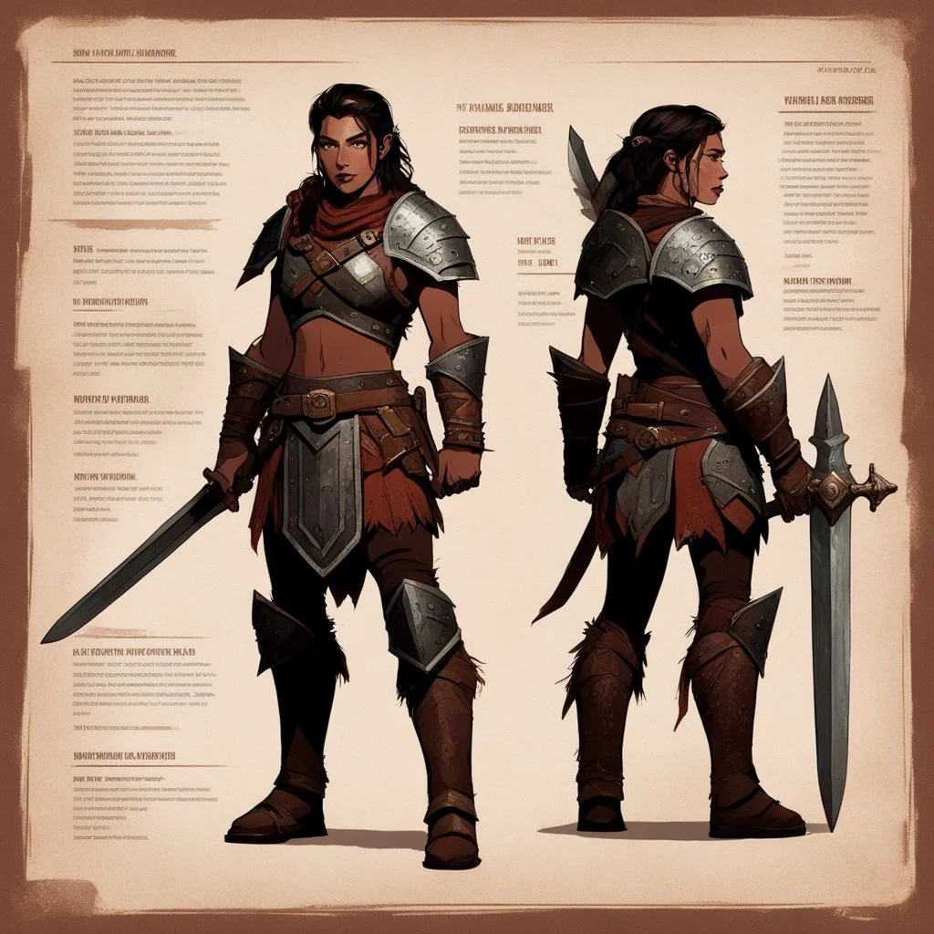 character concept sheet with AD&D statistics and characteristics, [vintage style noisy scratches glitches, Shot the texture and then rewound the film and double exposed the face] a woman Barbarian ranger with her leather armour, her broad sword and her small iron shield