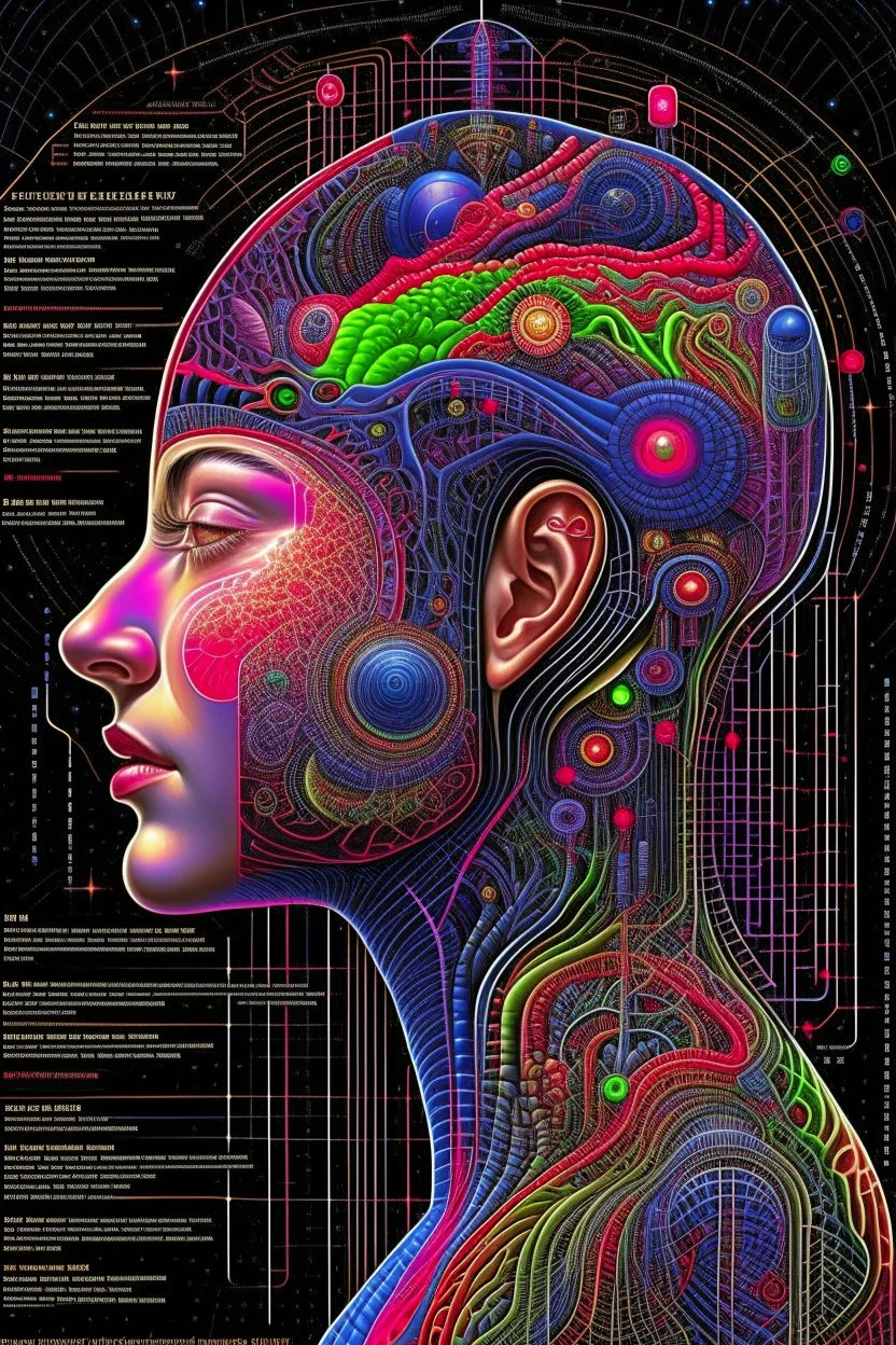 Fantasy00d Technical Diagram, Info graphic, Charts, of A Cosmic Anatomical Human Head, Info Graphic, Scientific, Data Diagram, Nervous System, Galaxy, Vibrant Colors, Midnight Aura, Ultra Detailed, H.R. Giger, Max Ernst, Thomas Kinkade, Robert Gonsalves, dark background