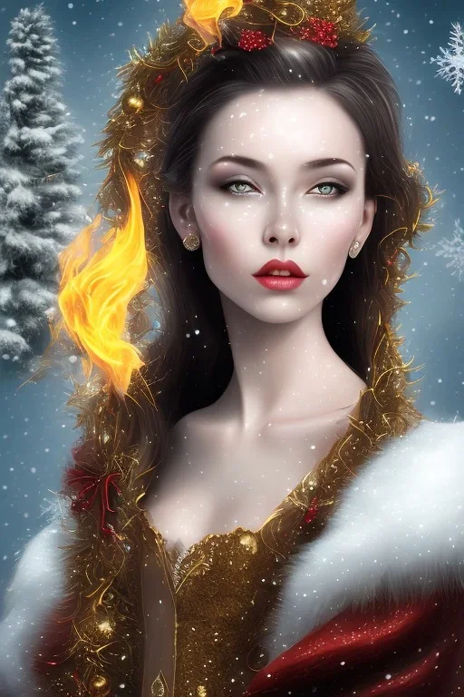 portrait lady big bobs black hairs Christmas in the snow and fire