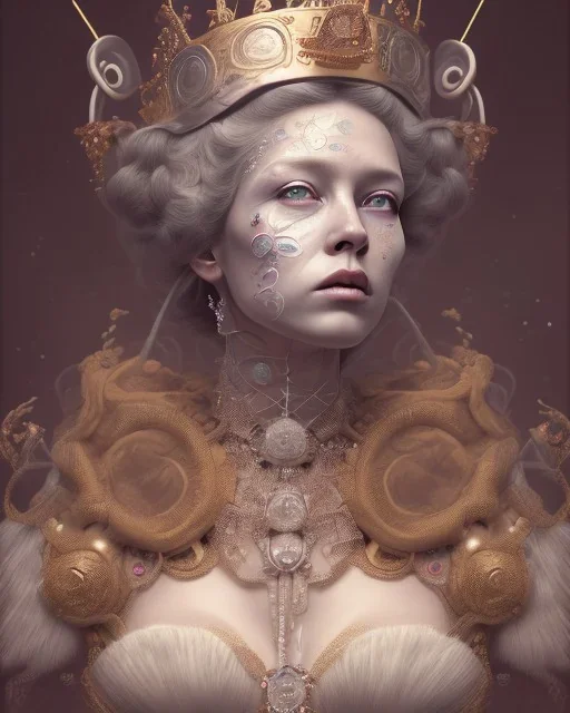 head and shoulders portrait of Queen Mary, face paint, jester hat, sad expression, Takato Yamamoto artist, Akiya Kageichi artist, Jedediah Berry inspired, 8k resolution concept art portrait, dynamic lighting, hyperdetailed, intricately detailed, maximalist, beautiful, peaceful