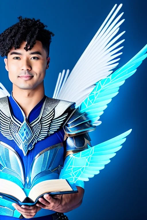 a human male with blue short hair and blue wings in an assymetrical armor with geometric patterns and a book in hand