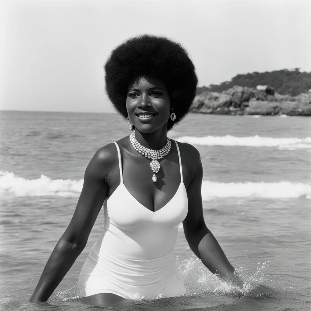 1970s Afroamerican woman playing in the sea of port rico, looking at the camera, close to the beach,