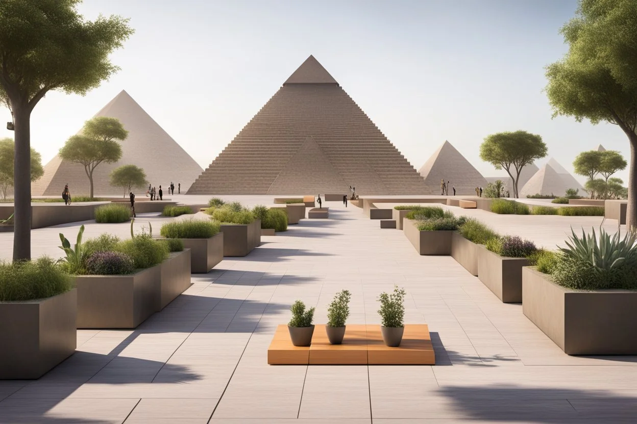 urban design tourist walkway with the pyramids , modern street seating , planters