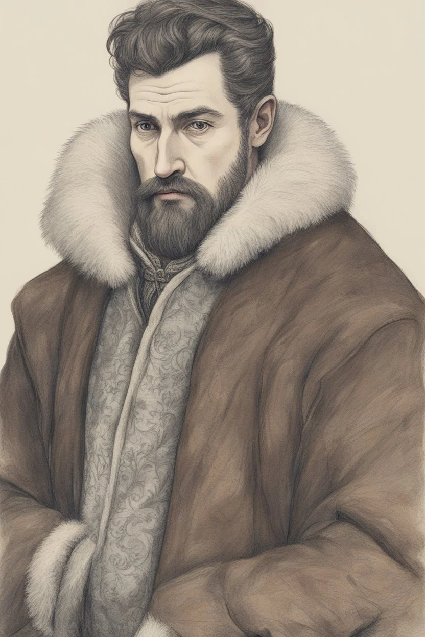 man, medieval, fighter, russian, croocked nose, czar, rich, simple clothes, short messy hair, thick beard, oligarch, brocade coat with fur, brocade clothes, pencil drawing, muscles, 20 years old, medival leather bootsspitz, gewand aus seide