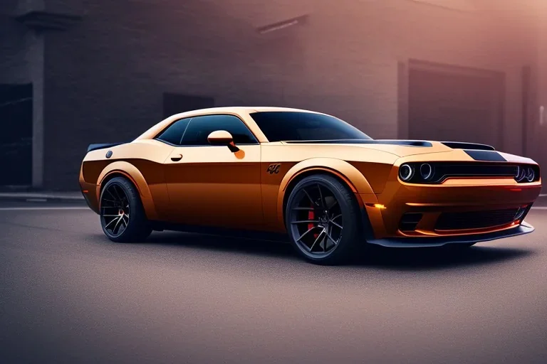 a true-to-life 2023 dark orange dodge challenger hellcat, 2-door, wide-body, pandem, rocket bunny, mopar, carbon fibre, drift car, classic hotrod wheels and rims, ultra realistic, professional artwork, concept art, dark background, extreme detailed, 8k, sharp focus, centered camera, pivot on dodge, art