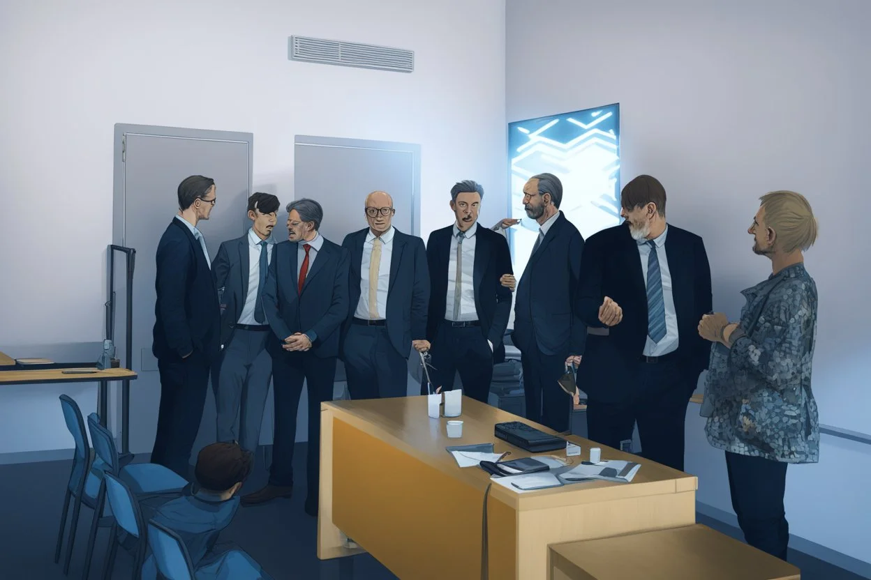 evil greedy people having a meeting in factory, cartoon style Simon Stålenhag