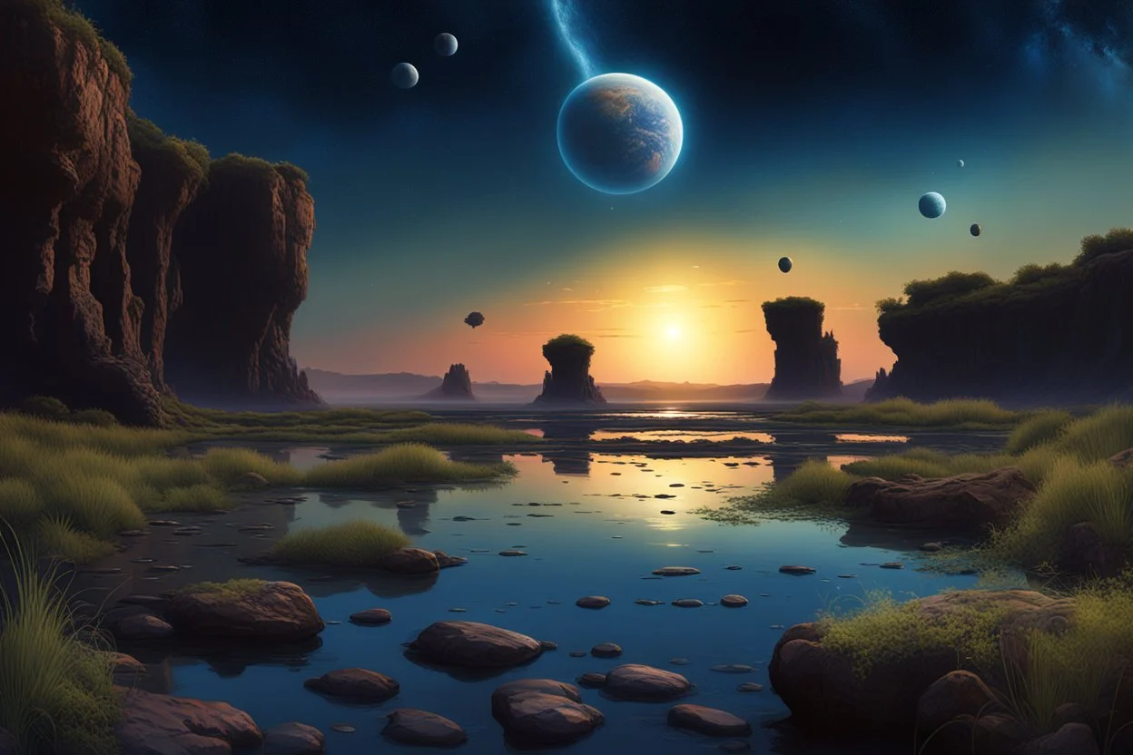 Dark blue sky with one exoplanet in the horizon, rocks, cliffs, puddle, weeds, sci-fi movies influence, movie wallpaper, epic, ernest welvaert and charles leickert impressionism paintings