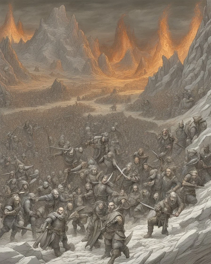 A war between elves and dwarves, orcs and the lord of darkness and the destruction of the earth