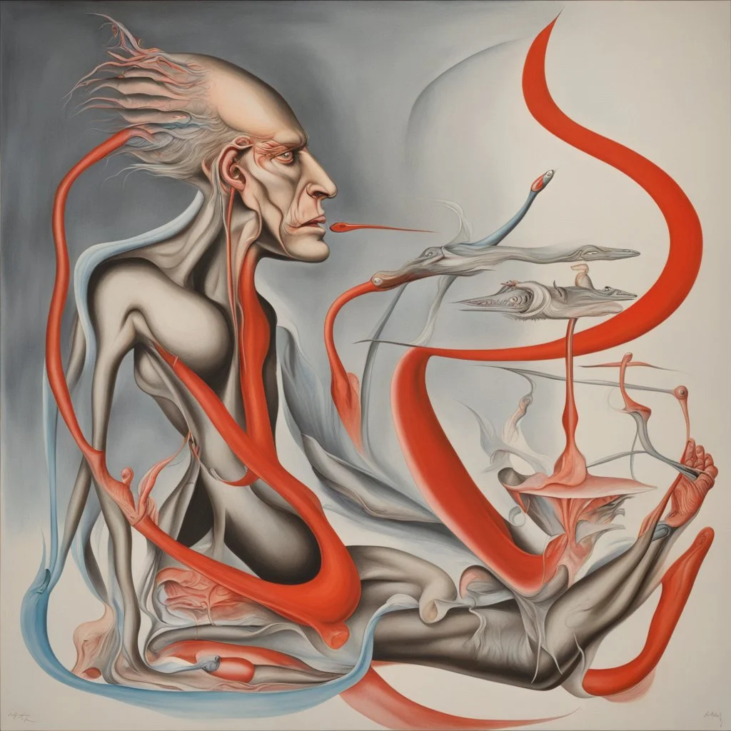 Fourth dimension asymmetric neuropathy, analysis, neo surrealism, by Gerald Scarfe, liquid matte oil paint