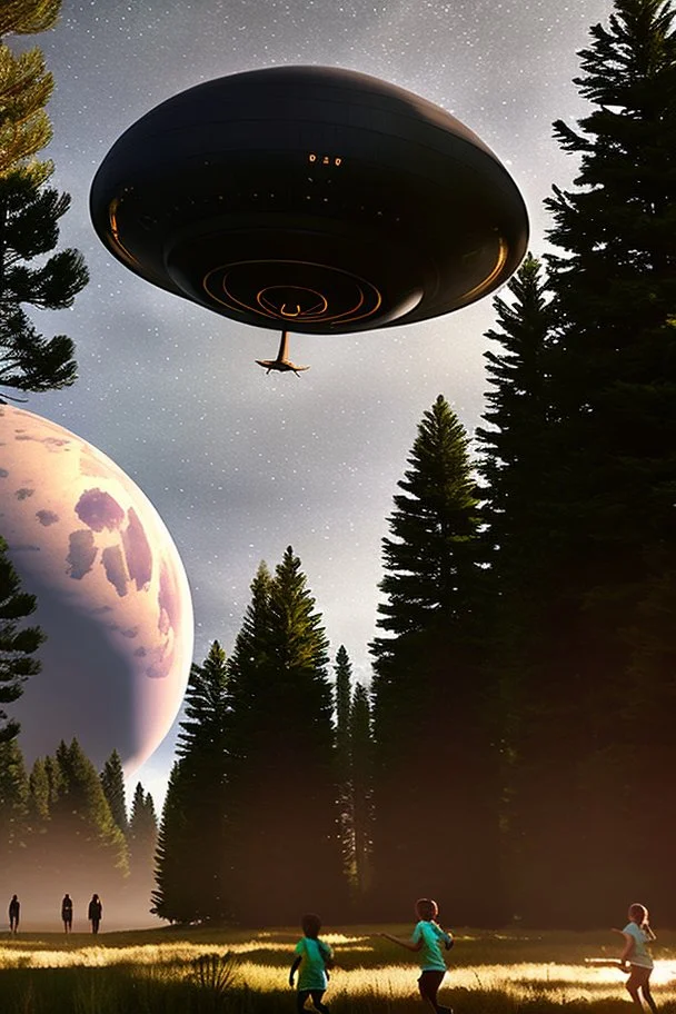 hundreds of school kids see a ufo, flying over tall pine trees, concept art, by Asaf Hanuka, by Weta Digital, Electric Colors, Screen Space Global Illumination, in a symbolic and meaningful style, the craft has flat bottom,3 large lights underneath glow with intense fury, kids running up to craft with wonder