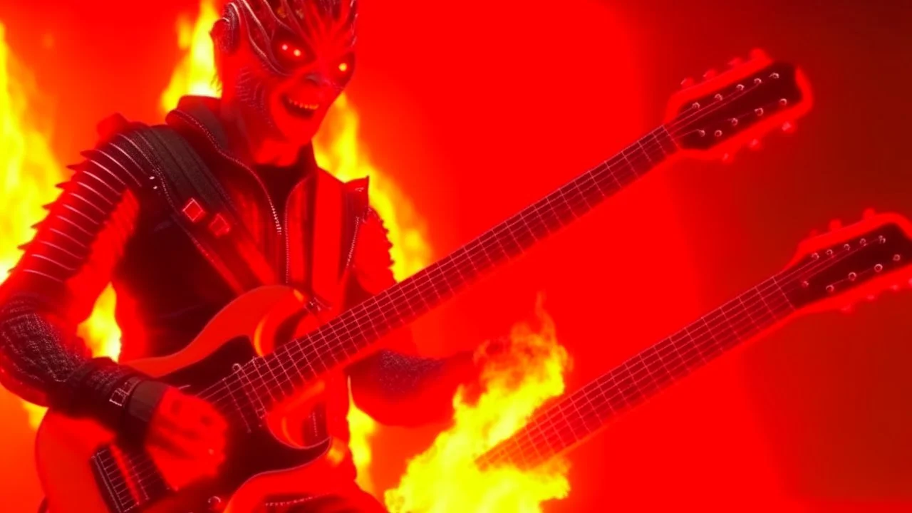 4K. REALISTIC FULL DETAILS. UN TERMINATOR DEBOUT AVEC UNE GUITARE EN MAINS FIRESTARTER; flammes en fond