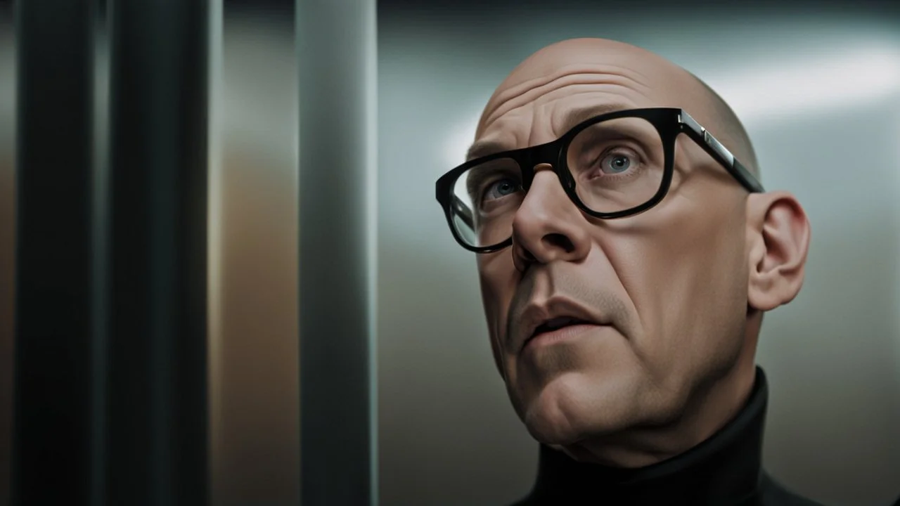 A striking, photorealistic portrait of Chris, a middle-aged european man with a slightly shaven head , wearing black square glasses, black shirta and makes a scared face. The background reveals a futuristic neon light, designed with modern, sleek lines and advanced technology. The overall ambiance gives off a sense of professionalism and cutting-edge innovation., photohigh detalied, sharp focus, professional photo