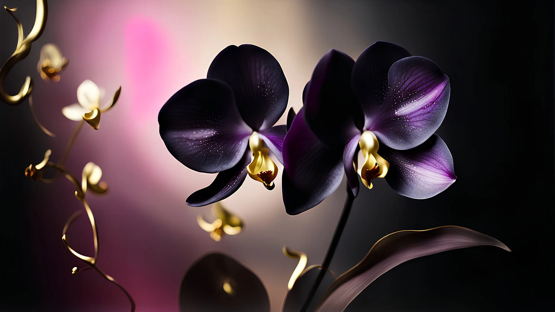 surreal minimalism, bauhaus, deep rich dark colors with a little gold, magic lighting, a minimalist image of a translucent Phalaenopsis black glowing orchid, orchid and leaves are lined in gold, simple gold swirls, 3d, simple bokeh, the background has a dreamlike quality, painted in peaceful shades of pink and gray with an almost ethereal atmosphere, bokeh