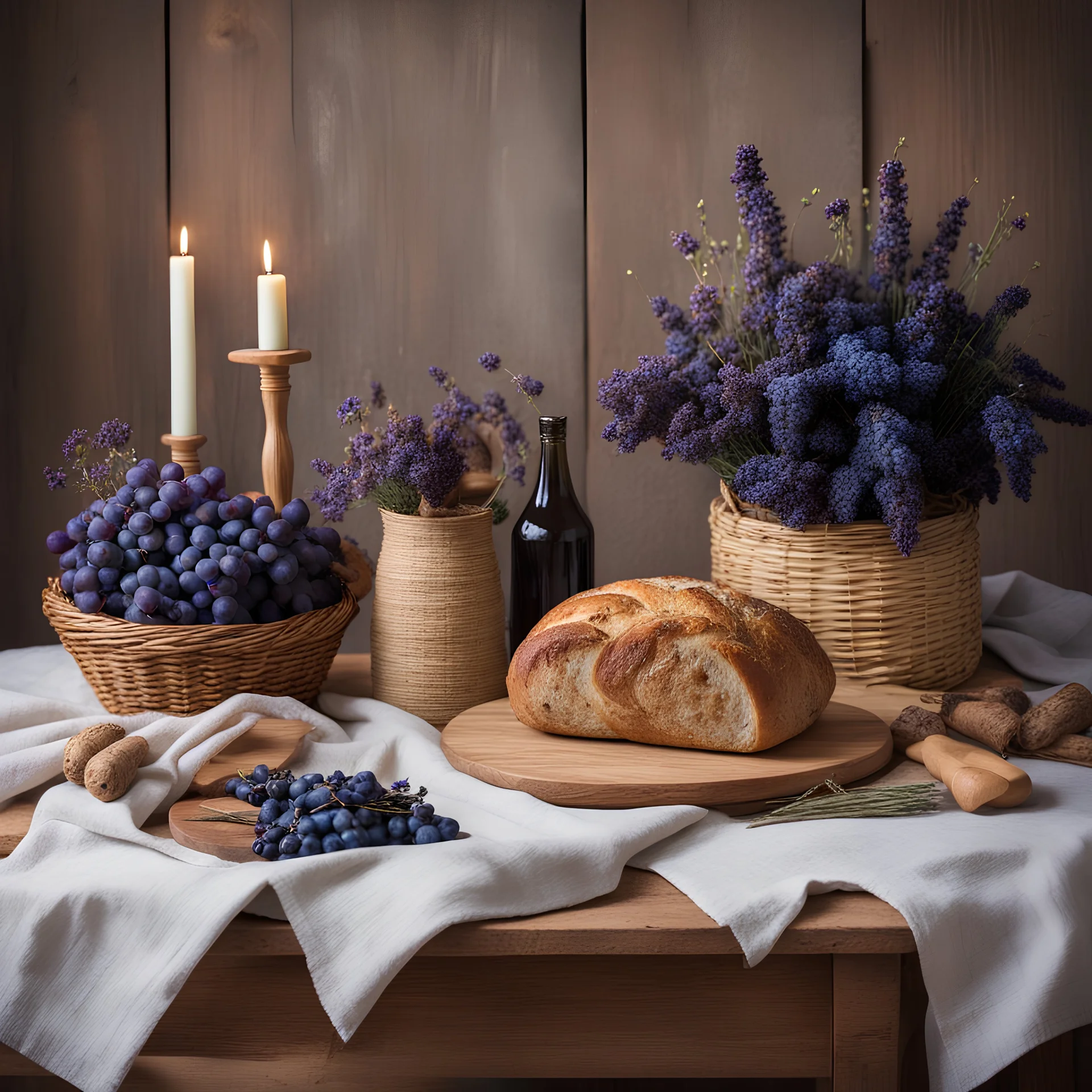 delicate arrangement on an old wooden table with a linen tablecloth, a freshly baked sourdough bread on a round cutting board, a tall cloth-covered basket with 2 French flutes, a wicker basket bouquet of dried lavenders, a 3-armed candelabra with candles, 2 bottles of red wine with corks, a cutting board with delicious cheeses, walnuts and blue grapes and crackers, fir cones lying sporadically, a red wine glass half filled with wine, 2 block lights give a cozy atmosphere,