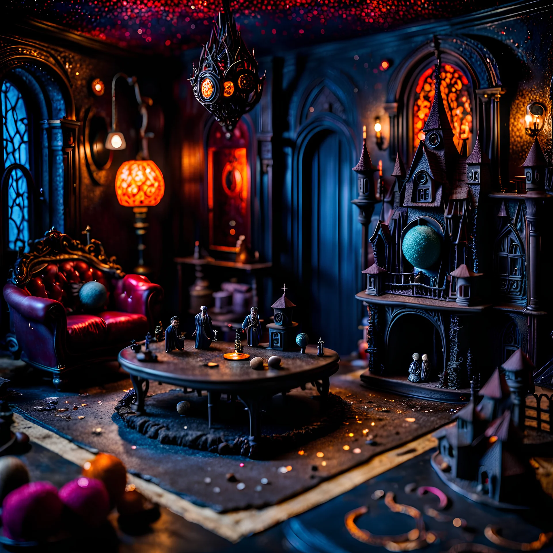 Detailed creepy living-room made of modeling clay, haunted, very accentuated details, Tim Burton, strong texture, extreme detail, Max Ernst, decal, rich moody colors, sparkles, Yves Tanguy, bokeh, odd