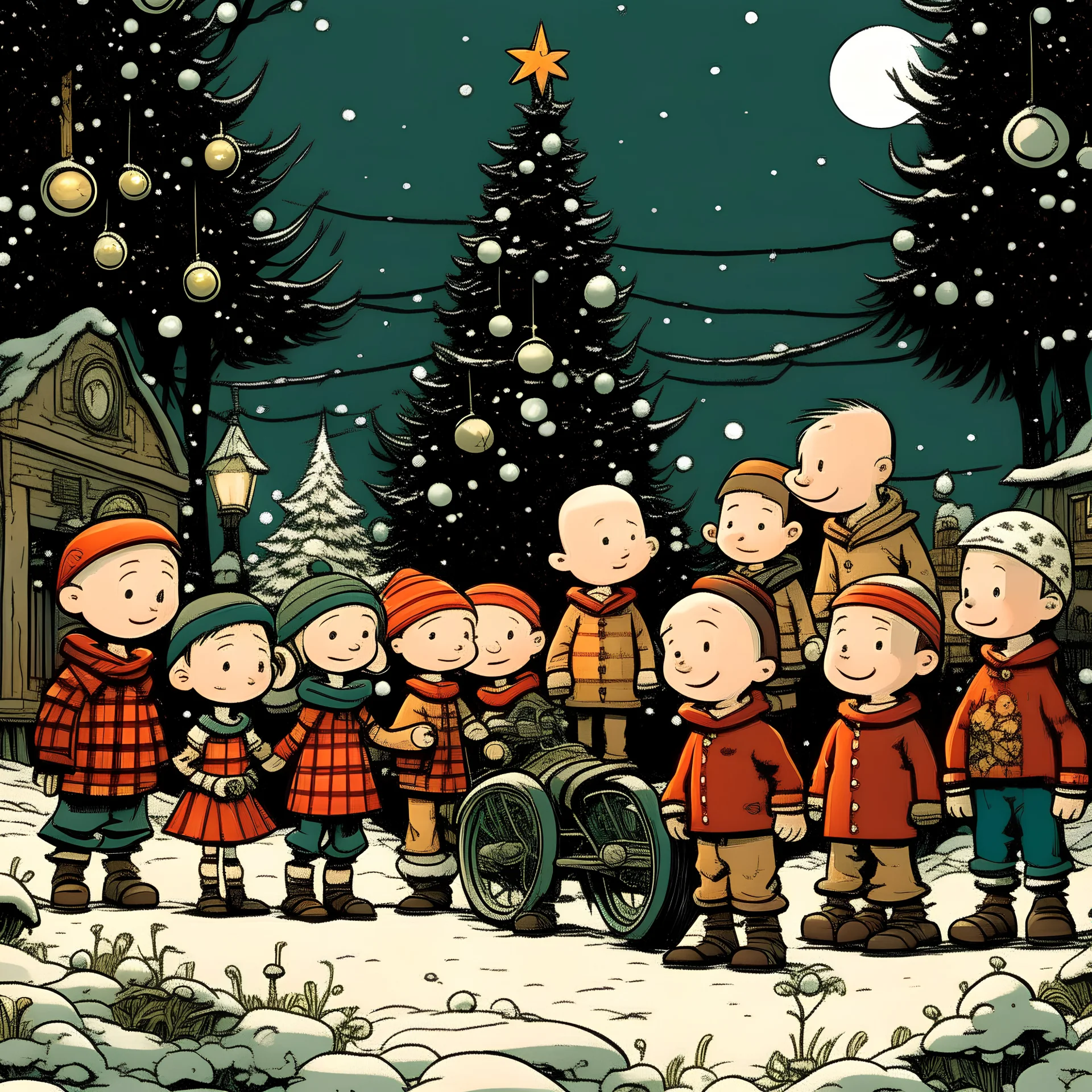 Children Illustrated in the Style of Charlie brown standing around a Motorcycle in a Christmas scene