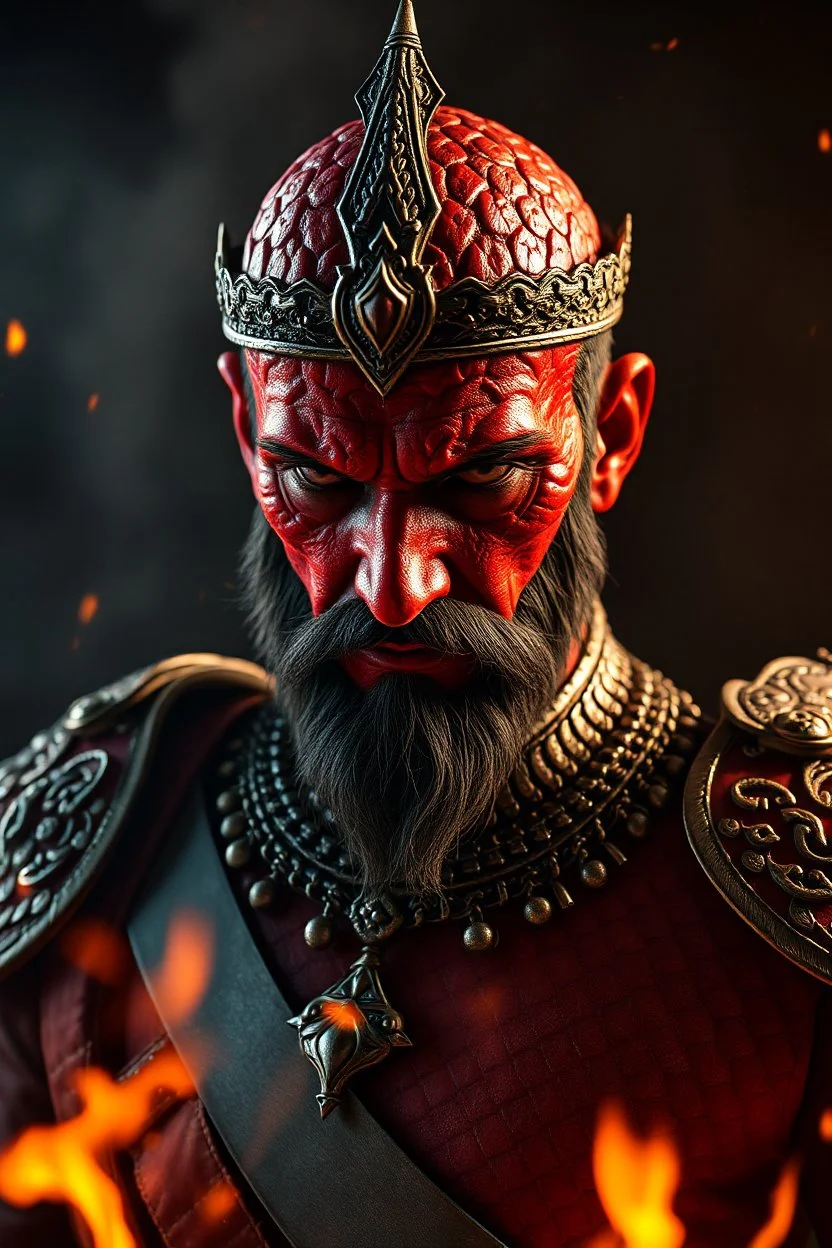 Hussein of Jordan , red skin, scales, unreal engine 6, high detail, intricate, cinematic. photoshoot style, intricate, studio lighting, masterpiece , highly detailed, 8k, best quality, fire, smoke, dramatic,d,<lora:mshn:0.7>,<lyco:Warrior_Couture:0.5>,