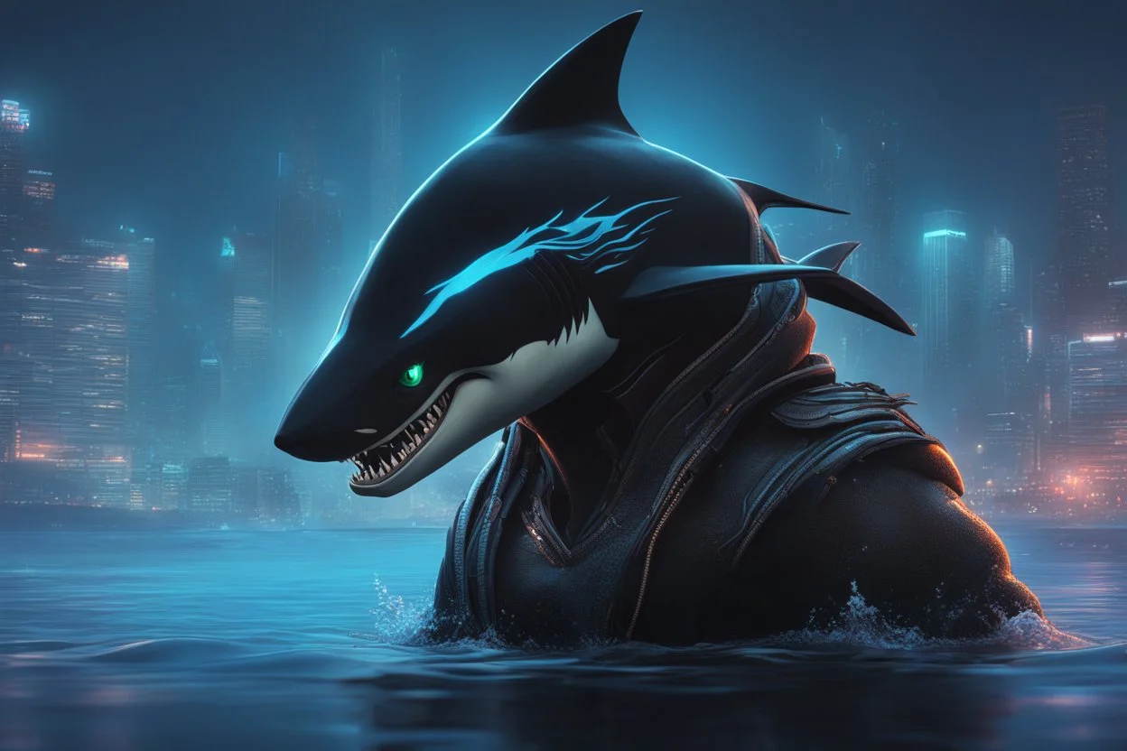 Black shark in 8k solo leveling shadow artstyle, symbiote effects, blue lights, sea, neon lights, intricate details, highly detailed, high details, detailed portrait, masterpiece,ultra detailed, ultra quality