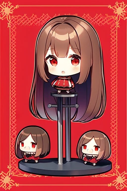 a full-body shot of a woman with long brown hair, red eyes, with a 'bad girl' vibe wearing black and red leather, ((Chibi anime doll style)), on a circular doll figurine stand, intricately detailed, splash art background