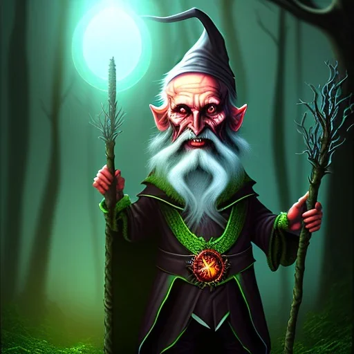 old evil Wizard standing in a dark magical forest at night, holding a staff with a gem in, Devil, Evil