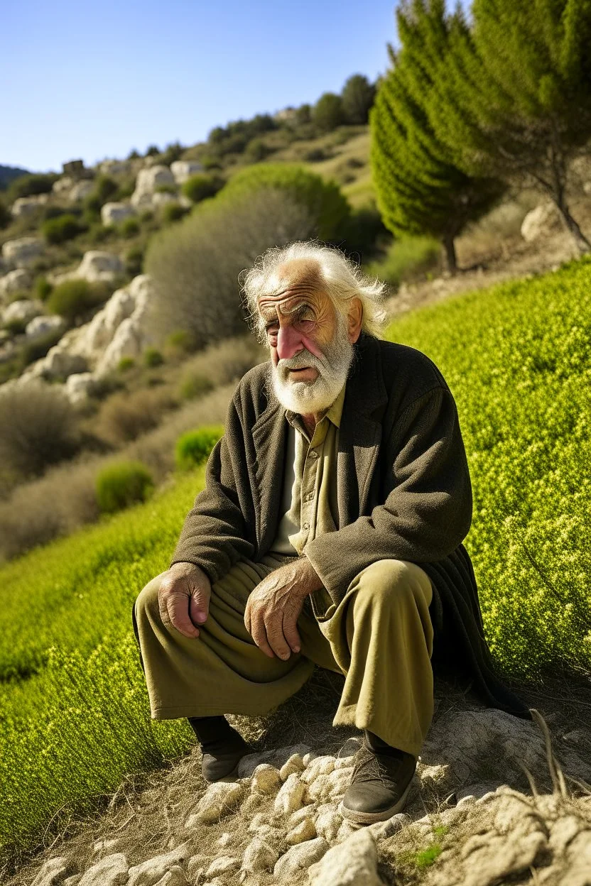 Blind old man on a hillside in Greece