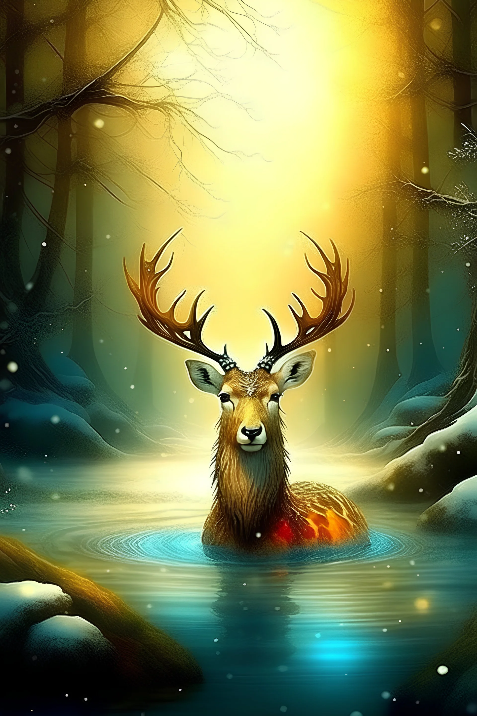 Real amazing happy Christmas Tree heart background fairytale forest water heart fire great majestic true deer