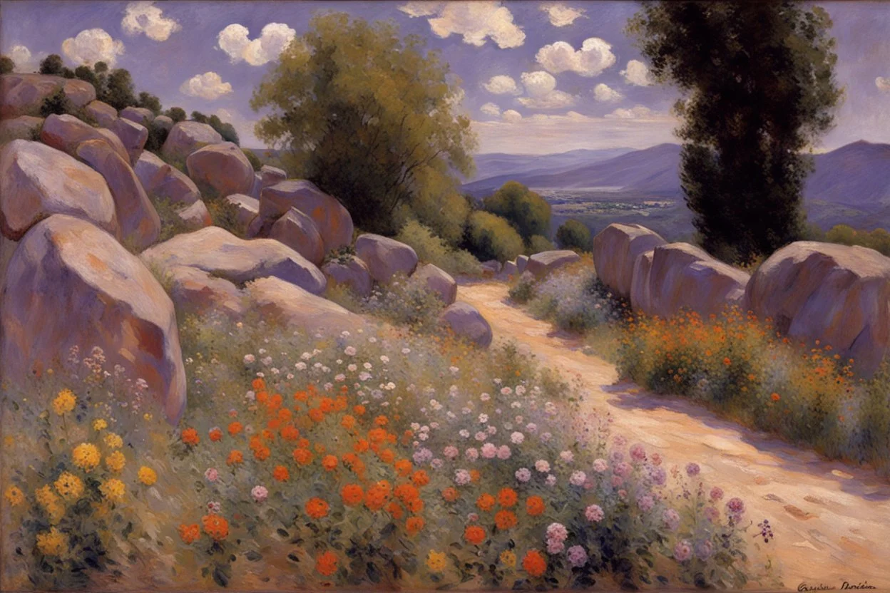 sunny day, clouds, rocks, trees, mountains, flowers, gustave caillebotte and pieter franciscus dierckx impressionism paintings