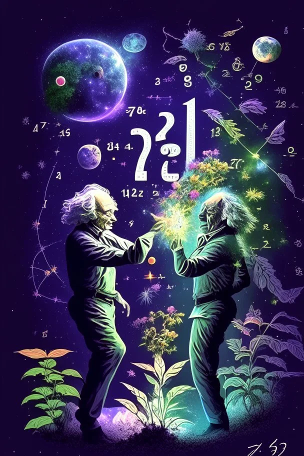 Albert Einstein and Richard Feynman playing with numbers in outerspace with plants, cosmic gas, stars, moons, and comets dancing around them