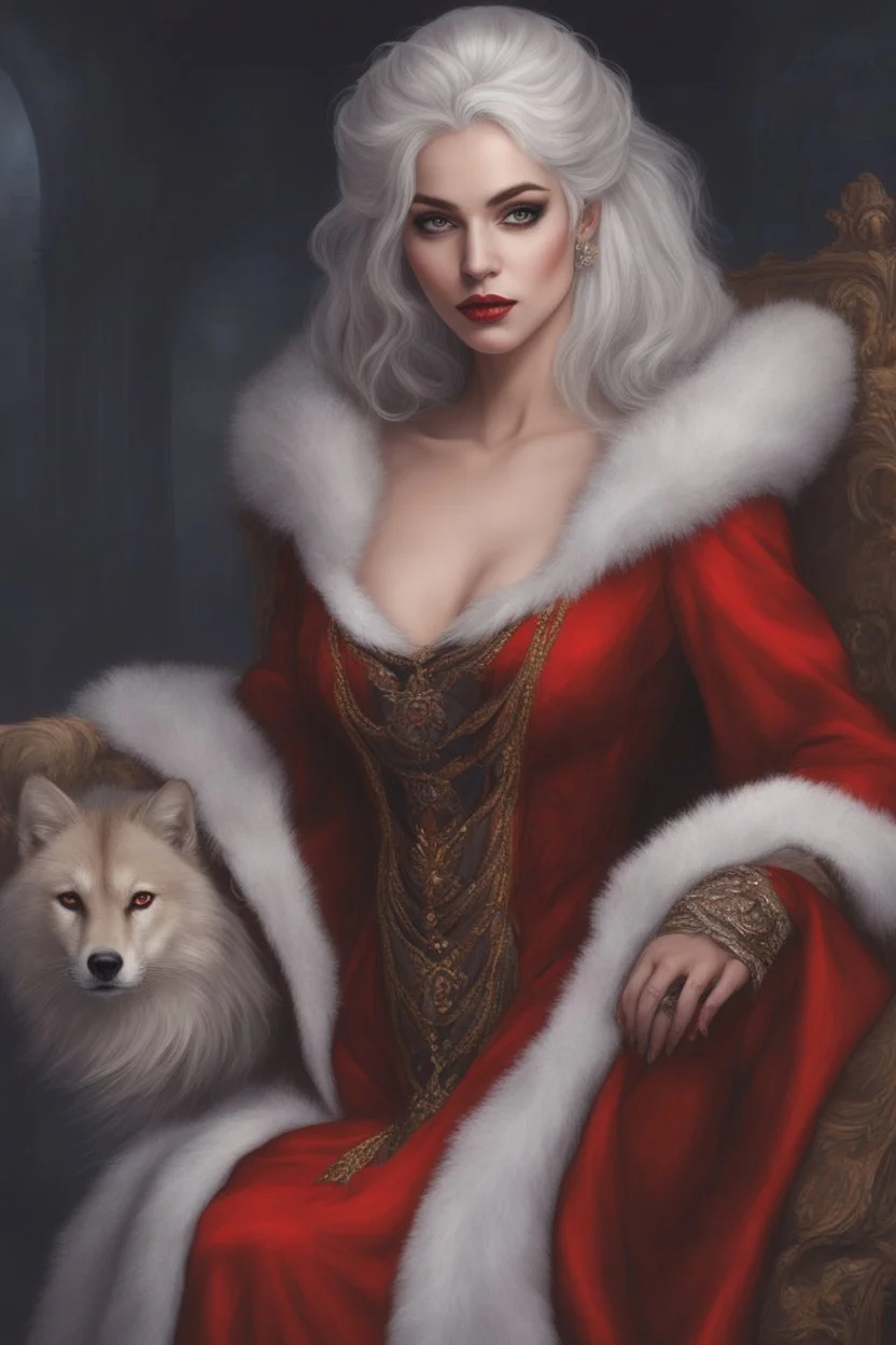 Beautiful white haired Vampire queen on her throne, drawing. Wearing a red cloak with a fur collar. Portrait, waist up