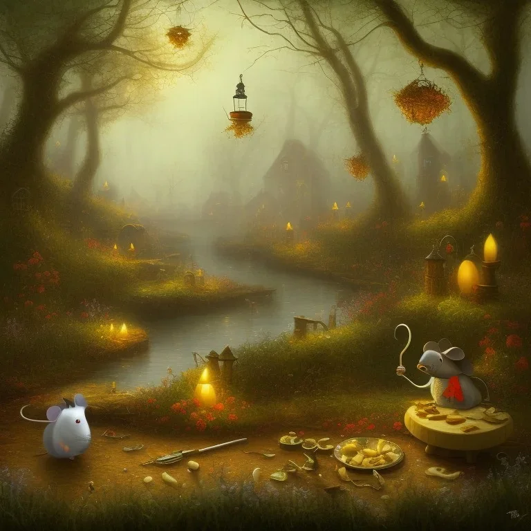 A Plague Doctor (AND) a Mouse having a port & cheese party in a forest of mushrooms by a river, art by Pixar and Dreamworks