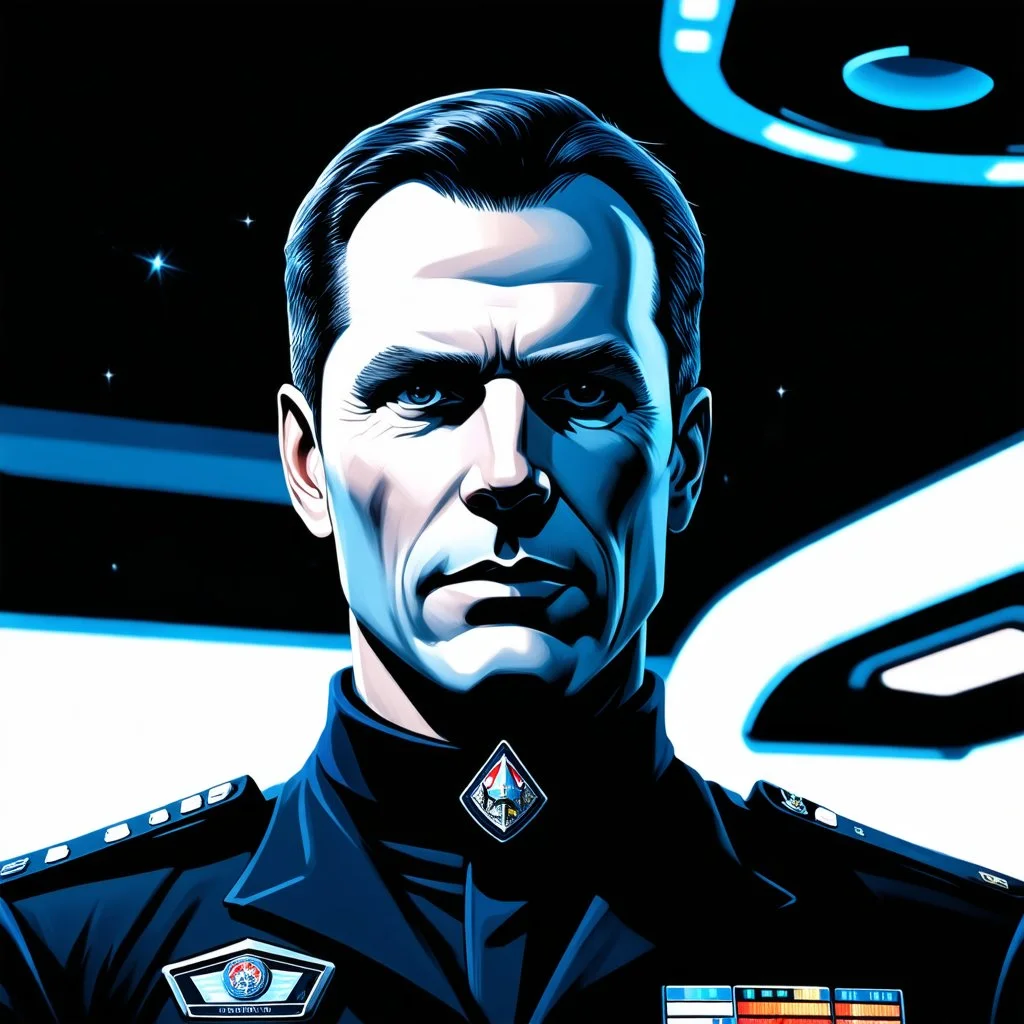 Photorealistic Portrait of Cliff Allister McLane, captain of the starship *Orion*, with short dark hair, a strong jawline, and a confident expression. He wears a black uniform with a high collar and no emblems. The background shows a sleek starship bridge with glowing control panels and stars visible outside.