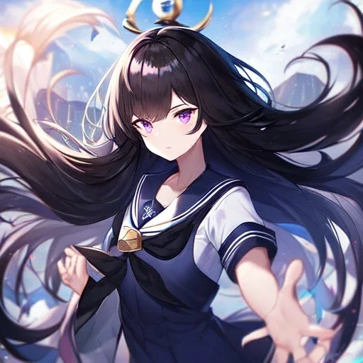 Clear focus, High resolution, Black long fluffy hair, purple eyes, wearing a sailor uniform, shattered rainbow in triagle formation,